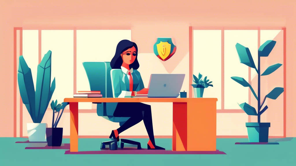 Create an image of a businesswoman working at a desk, carefully writing a privacy policy document on her laptop. The workspace has a calm, professional atmosphere with legal books, a coffee mug, and a plant. A shield icon is displayed on her computer screen symbolizing security and privacy protection.