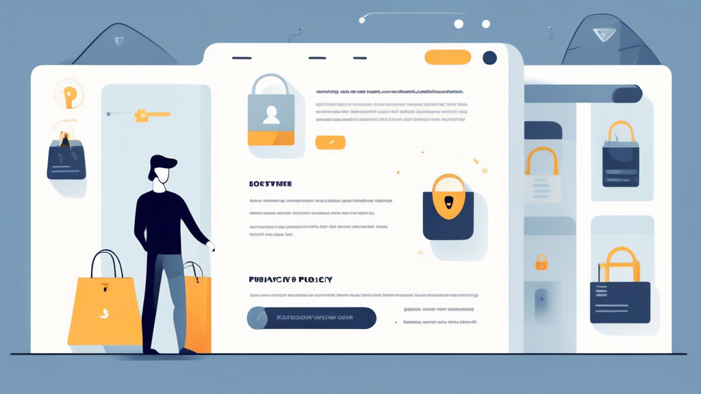 Create an image depicting a sleek and modern online store interface, showcasing a clearly visible 'Privacy Policy' section. The background should include icons representing data security, such as padlocks, shields, and user profile silhouettes, to emphasize the importance of privacy. Include an illustration of a satisfied customer comfortably browsing through the website, symbolizing trust and transparency.