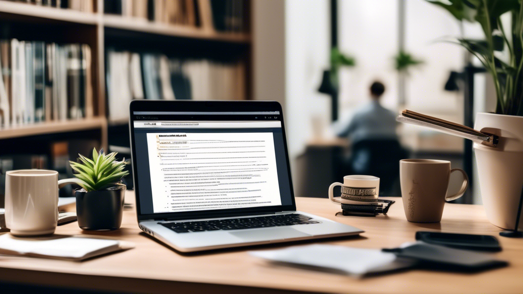 An image of a professional workspace with a laptop displaying a website's privacy policy page. Surrounding the laptop are various office supplies like notebooks, pens, a coffee mug, and a potted plant. The background shows a well-organized bookshelf filled with business and law books. A person dressed in business casual attire is thoughtfully typing on the laptop, emphasizing the meticulous process of creating a privacy policy for an online store.