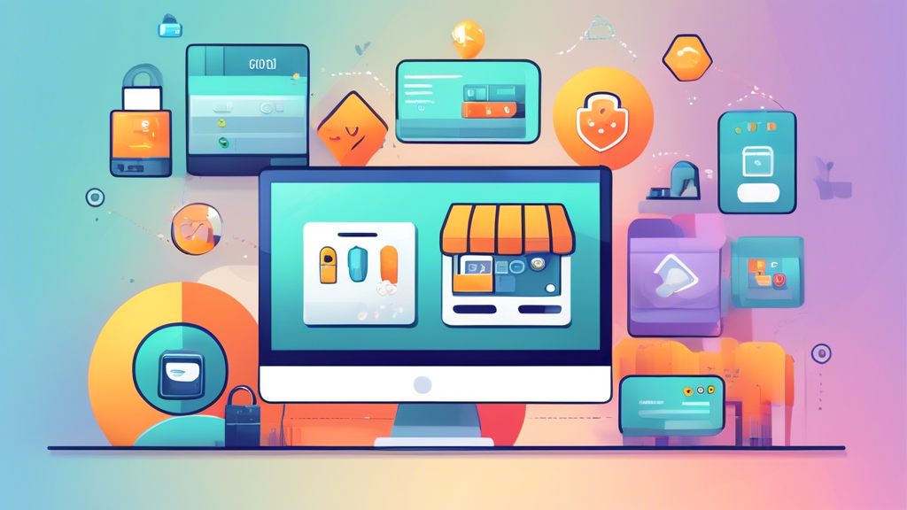 Create an image of a clean, modern online store interface with a focus on a detailed privacy policy section. The section should include icons representing security, data protection, and privacy. The background of the online store should feature minimalistic designs and soothing colors, conveying a sense of trust and professionalism.