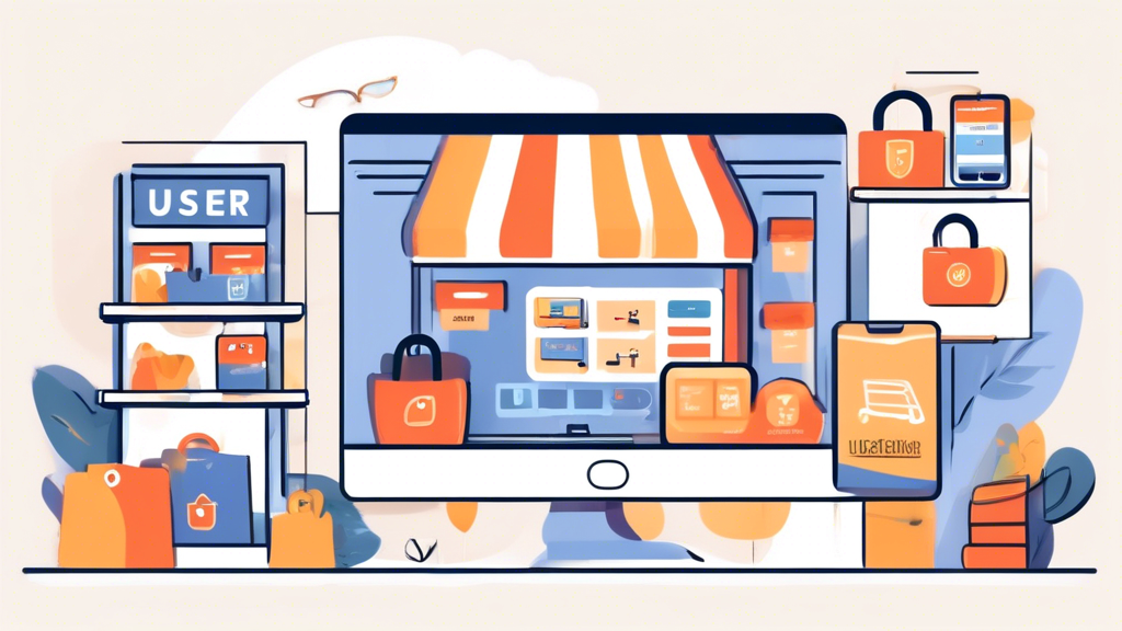 Create an illustration of a cozy online store with a prominent privacy policy section. The scene should include a computer screen displaying the store's website, showing clear headings such as 'Data Collection,' 'User Consent,' 'Third-Party Sharing,' 'Data Security,' and 'User Rights.' Incorporate elements like shopping carts, product images, and a secure lock icon to emphasize security and privacy in an online shopping environment.