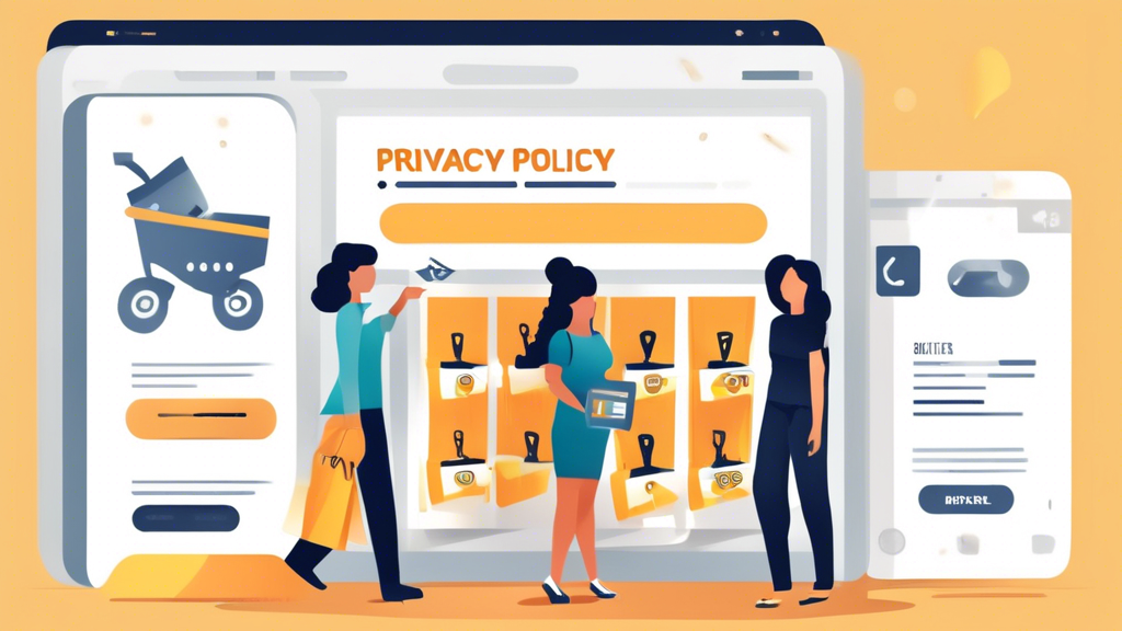 Create an image of an online store showcasing a 'Privacy Policy' section prominently. The store should have a professional, user-friendly design with secure checkout icons and privacy-related visuals like locks and shields. Include elements like a laptop or smartphone screen displaying the privacy policy text with highlighted bullet points, and a diverse group of customers confidently shopping.