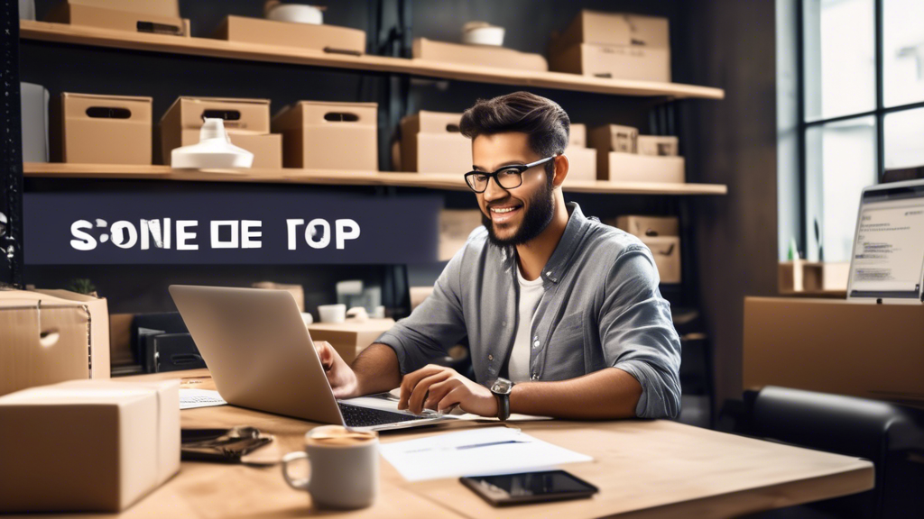 Create an image of a friendly looking entrepreneur sitting at a desk with a laptop, diligently typing up a privacy policy for an online store. The workspace should look organized and professional, with a coffee cup next to the laptop and a notepad with scribbled notes. In the background, there could be shelves with neatly arranged shipping boxes and a sign that reads Online Store. The overall vibe should be inviting and reassuring, showing that creating a privacy policy is an essential and approachable task for protecting customer information.