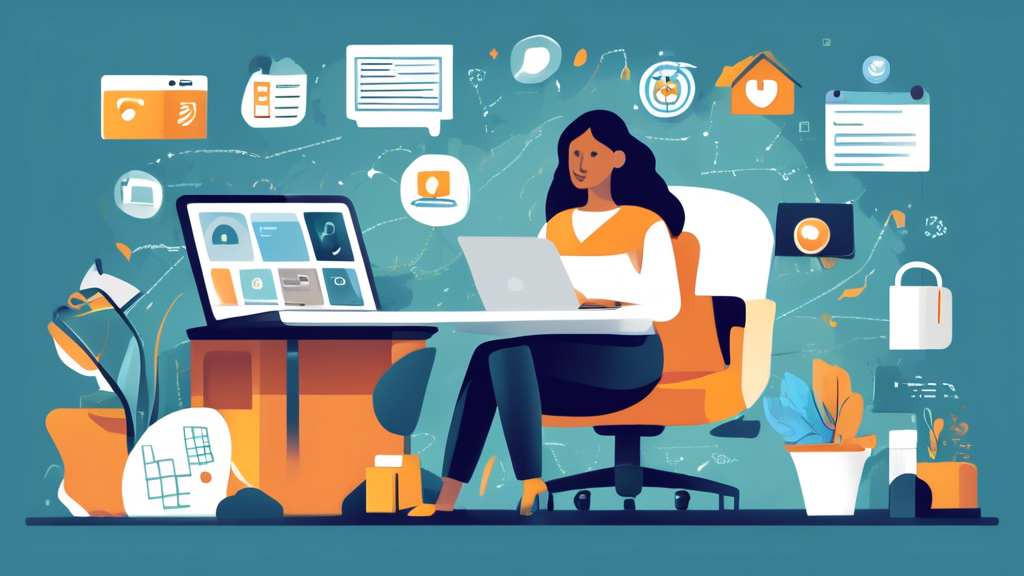 Create an illustration showing a friendly business owner working on their laptop, crafting a privacy policy for their website. The scene includes icons representing security, privacy, and website elements. There’s a visible checklist on the laptop screen, while legal and document icons float around, symbolizing the creation of a privacy policy. The background should be a modern, cozy home office with a professional setting.