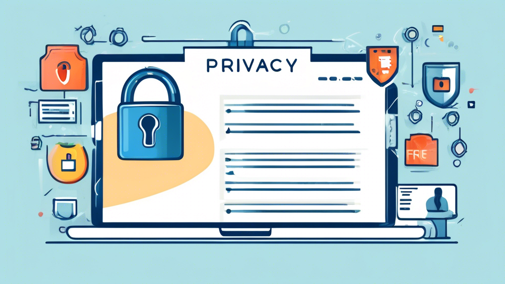 Create an image of a modern, clean website on a computer screen displaying a 'Privacy Policy' page. Surround the computer with icons representing security, privacy, and transparency, such as a padlock, shield, and checklist. Place a small 'FREE' banner on the top corner of the Privacy Policy page to emphasize that it is free.