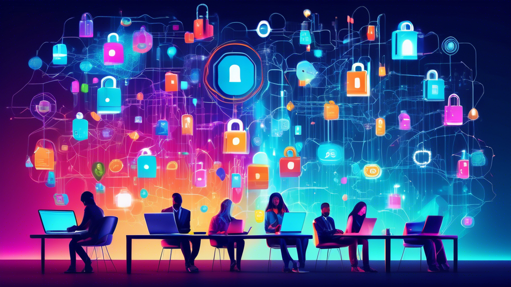 A futuristic digital landscape with vibrant colors, featuring a diverse group of people using various devices like laptops, smartphones, and tablets. The image should include icons and symbols representing security and privacy, such as padlocks, shields, and encrypted codes, floating around them. The background can incorporate abstract representations of networks and data streams, illustrating the interconnected online world. The overall tone should be empowering and informative, emphasizing the importance of staying safe online.