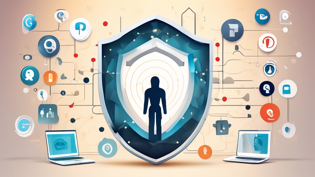 Create an image depicting a digital guardian protecting a person’s online privacy. The guardian could be a shield with a keyhole symbol, blocking various data streams, such as social media icons, marketing ads, and databases, from reaching the person. The background should subtly incorporate the Deleteme by Abine logo to integrate the brand. The overall theme should emphasize security, privacy, and data protection.