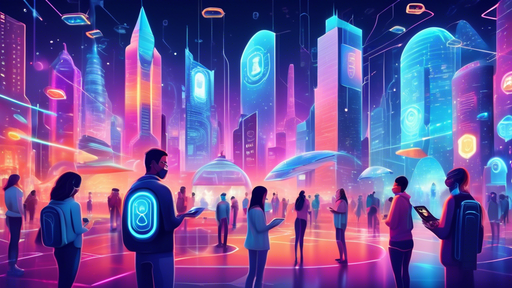 Create an image that depicts a peaceful, futuristic digital city adorned with vibrant holograms and secure padlocks. There are diverse people happily using their devices, surrounded by shields, digital shields, and encrypted symbols, representing top-notch online privacy protection services in 2023. The background should have elements like secure servers, firewalls, VPN tunnels, and friendly AI avatars, signifying advanced technology. Highlight a sense of safety, advanced technology, and user empowerment.