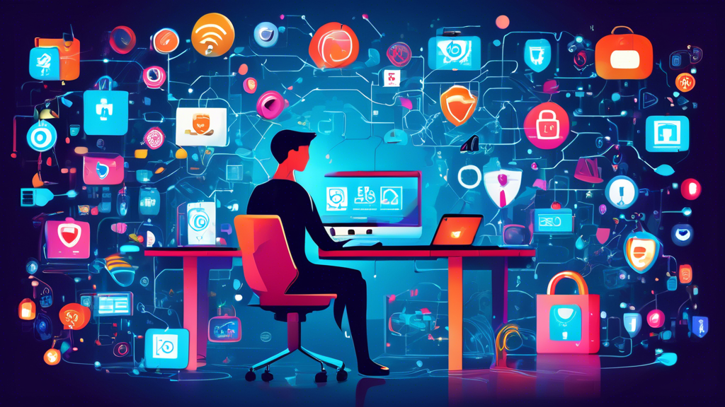 Create an image of a person sitting at a desk, surrounded by multiple digital devices such as a smartphone, laptop, and tablet, all displaying various security icons like padlocks, shields, and privacy settings. The background showcases a digital world with interconnected data streams and cybersecurity symbols, creating a visually rich representation of protecting one's digital life.