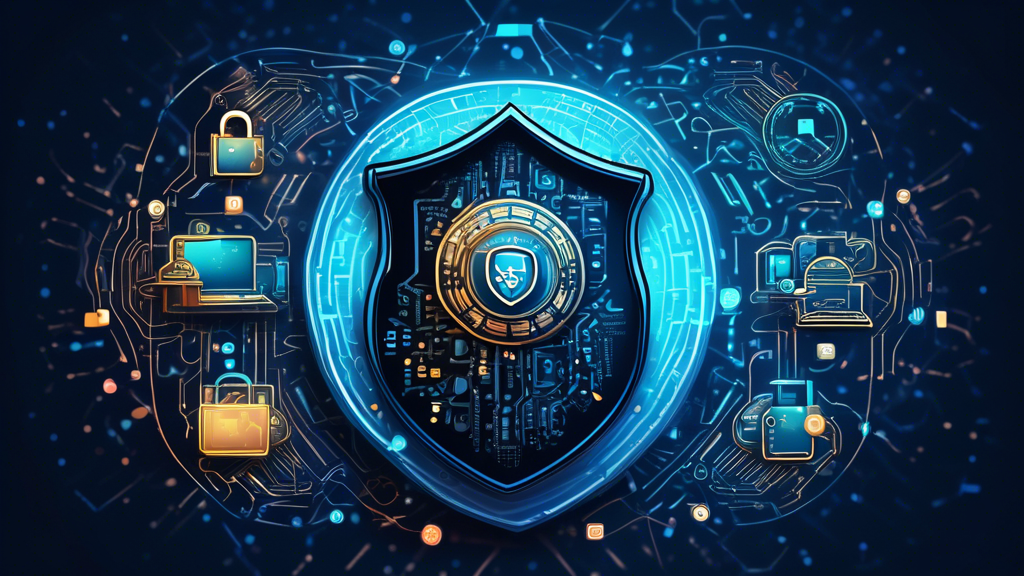 Create a detailed image featuring a shield symbol with a lock in the center, surrounded by various digital icons such as a phone, laptop, and globe, all interconnected by a web of circuits. In the background, include subtle elements like a fingerprint and binary code to symbolize privacy protection services. The scene should suggest cutting-edge technology and cybersecurity.