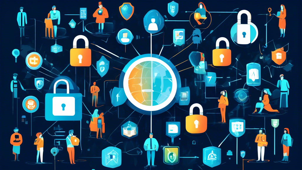 Create an image depicting a digital world emphasizing privacy and security strategies. Show a diverse group of people using various devices, all protected by glowing shields symbolizing encryption. Include icons for two-factor authentication, VPNs, firewalls, and strong passwords. Surround them with imagery of padlocks and keys, digital certificates, and safe internet usage symbols to showcase the importance of robust digital security measures.