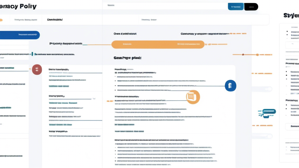 A professional webpage scene featuring two neatly divided sections: one labeled 'Terms of Use' and the other 'Privacy Policy.' The 'Terms of Use' section should depict a checklist with items like 'User Conduct,' 'Intellectual Property,' and 'Dispute Resolution,' and a stylized gavel or law book. The 'Privacy Policy' section should show padlocks, shield icons, and data flow graphics, indicating user data protection, consent, and transparency. Both sections should be visually appealing yet informational, emphasizing clarity and security.