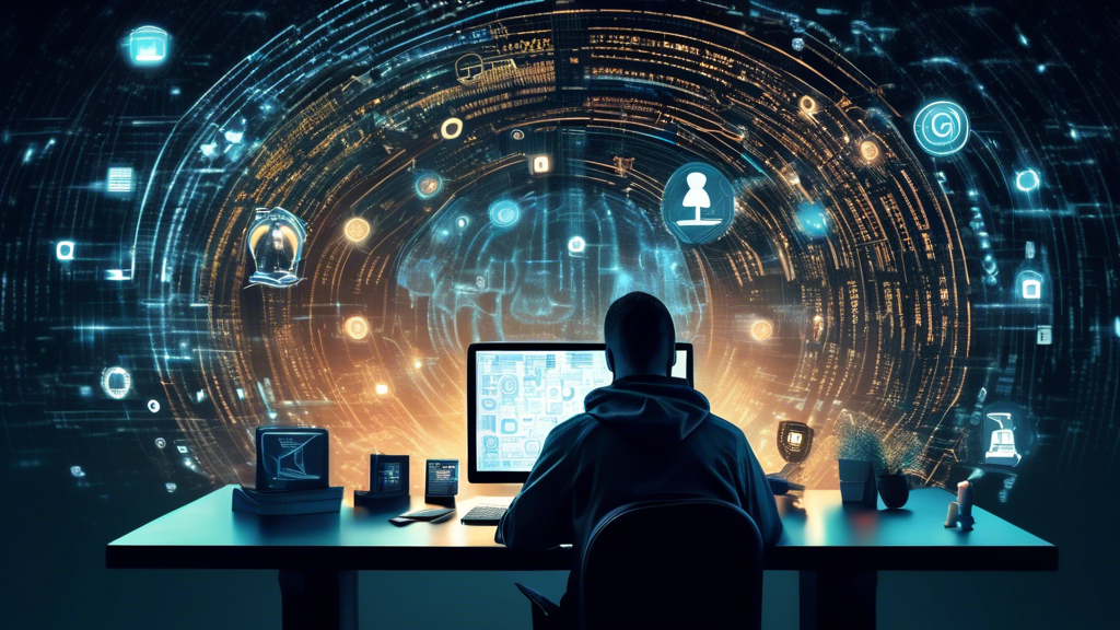 Create an image of a person sitting at a computer, surrounded by swirling digital data, symbols of locks, and shields. The person should look focused and determined, with the background showing a mix of binary code, social media icons, and a subtle shadowy figure representing a hacker. Emphasize the themes of security, protection, and vigilance in the digital world.