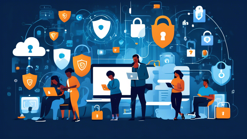 An illustration of a diverse group of people using laptops, smartphones, and tablets, each device showing various cybersecurity icons such as strong passwords, two-factor authentication, antivirus shields, and secure cloud storage. The background features a digital padlock and network connections symbolizing internet security. The overall vibe is educational and empowering, emphasizing the importance of protecting personal data online.