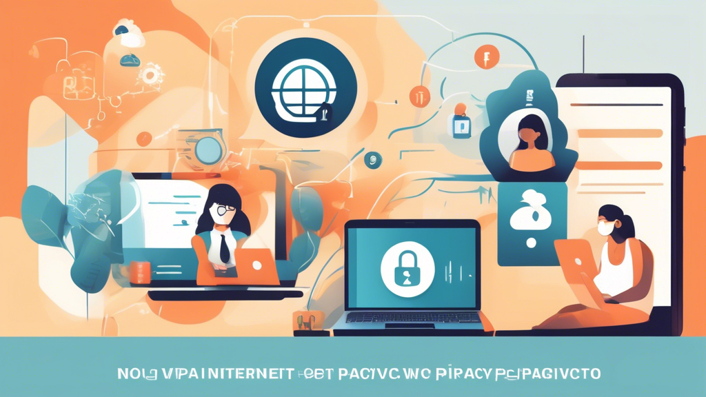 Create an illustration showing 5 essential steps to protect internet privacy: using a VPN, enabling two-factor authentication, updating software regularly, utilizing strong passwords, and being cautious with public Wi-Fi. The image should feature icons or visuals that represent each action, with a person ensuring their online privacy practices in a digital environment filled with laptop, smartphone, and padlock symbols.