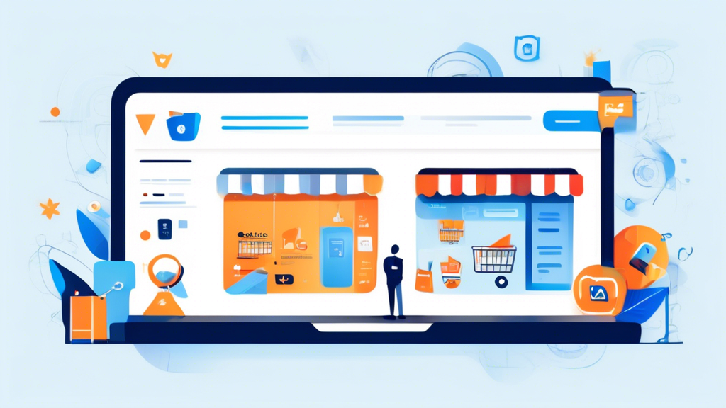 Create an illustration of a modern online store's homepage featuring a visually appealing banner that emphasizes 'Privacy Policy'. The store's design should be sleek and professional, showcasing elements like a shopping cart, product categories, and customer reviews. In addition, include icons representing data protection, such as a shield, a lock, and encrypted data. The background can feature abstract graphics that convey security and trust.