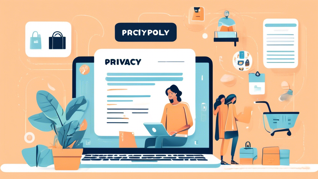 Illustrate a cozy and well-designed online store webpage with a section titled 'Privacy Policy,' prominently displayed. The background features a welcoming e-commerce setting with a laptop, shopping cart, and various products like clothing, electronics, and home goods. In the foreground, show a friendly, professional-looking character reading the privacy policy on their tablet under a secure lock symbol, symbolizing trust and security. The overall scene should convey transparency, customer assurance, and digital security.