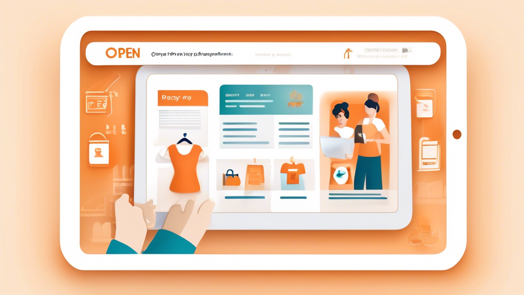 Illustrate a modern, user-friendly online shop interface with an open privacy policy document displayed on a tablet screen. The background should feature a secure, welcoming digital setting with icons representing data protection and customer trust. Include diverse shoppers engaged in various activities like browsing, purchasing, and reading the privacy policy. The overall tone should be professional yet approachable.