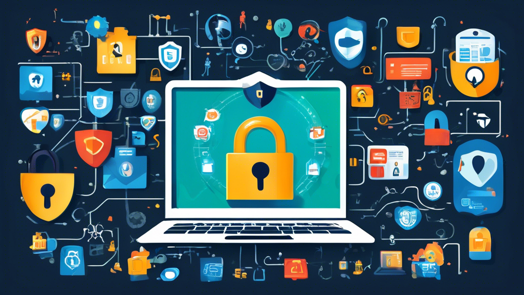 Create a detailed and visually engaging illustration that represents online privacy protection tips. The image should feature elements such as a secure lock over a laptop screen, a shield symbol, individuals using VPNs on their devices, strong password creation (depicted by a key symbol and a padlock), careful sharing on social media symbolized by icons and privacy settings, and antivirus software. The overall theme should convey a sense of security, vigilance, and knowledge in the digital world, utilizing modern, clean design aesthetics.