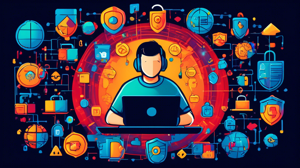 Create an illustration of a person sitting at a laptop surrounded by floating security icons such as padlocks, shields, and encrypted codes. The background should feature a globe with connected digital lines representing the internet, emphasizing the theme of global online privacy. Make sure the colors are vibrant yet convey a sense of security and protection.