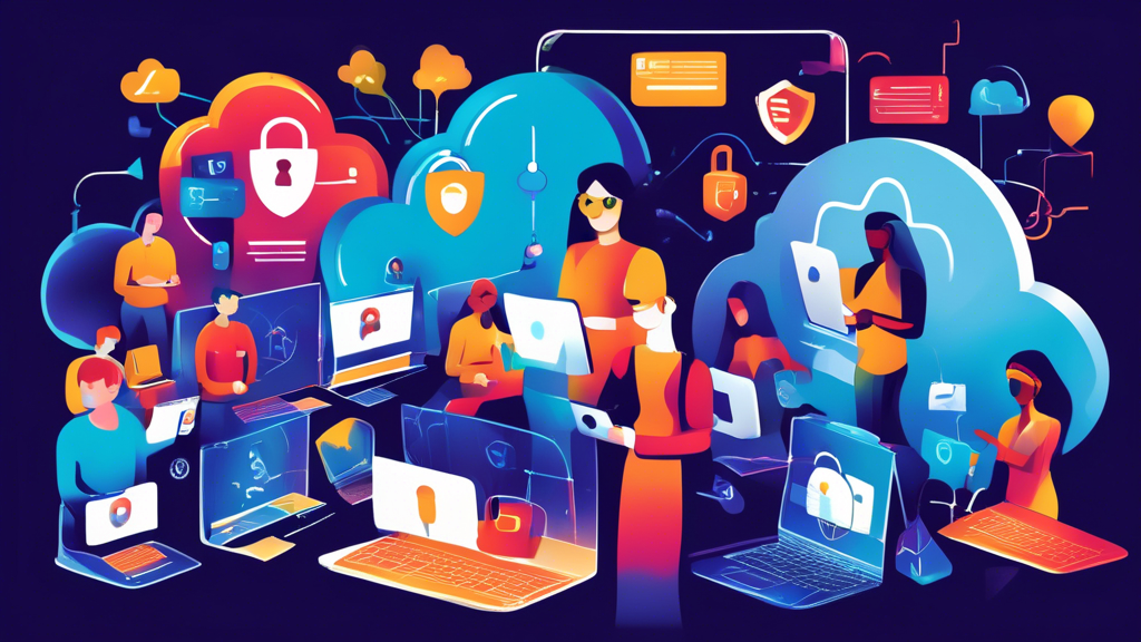 A digital illustration showing a diverse group of people using various devices (laptops, smartphones, tablets) with symbols of online privacy protection like padlocks, VPN shields, and encrypted communications icons. Background includes elements such as secure websites, firewall barriers, and private server clouds. The atmosphere is empowering and educational, indicating a secure and protected virtual environment.