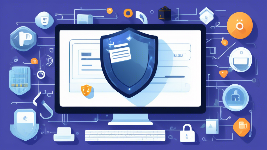 Create an image depicting a desktop setup with essential online privacy tools, featuring items like a VPN shield, encrypted email icons, a secure browser symbol, multi-factor authentication devices, and a privacy-focused search engine. The background includes cybersecurity-related imagery, such as locks, keys, and digital code, emphasizing the theme of protecting digital life.