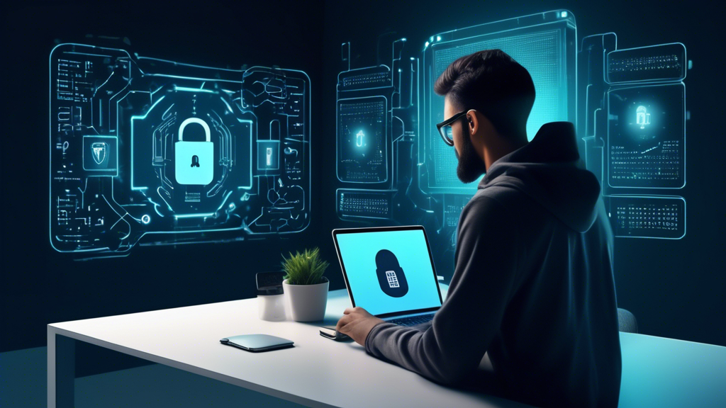 Create an image of a person in a modern, minimalist home office setting, using a laptop with a digital shield symbol on the screen. Surround them with icons representing various aspects of digital security: a padlock, fingerprint scanner, two-factor authentication code, VPN, antivirus software, and an encrypted email symbol. The background should subtly include a matrix of binary code to signify data.