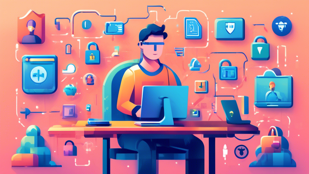 Create an illustration of a person comfortably seated at a computer, surrounded by icons symbolizing enhanced internet privacy and security, such as a padlock, shield, VPN, two-factor authentication, and encrypted data. The background should include soft, calming hues to convey a sense of safety and protection.