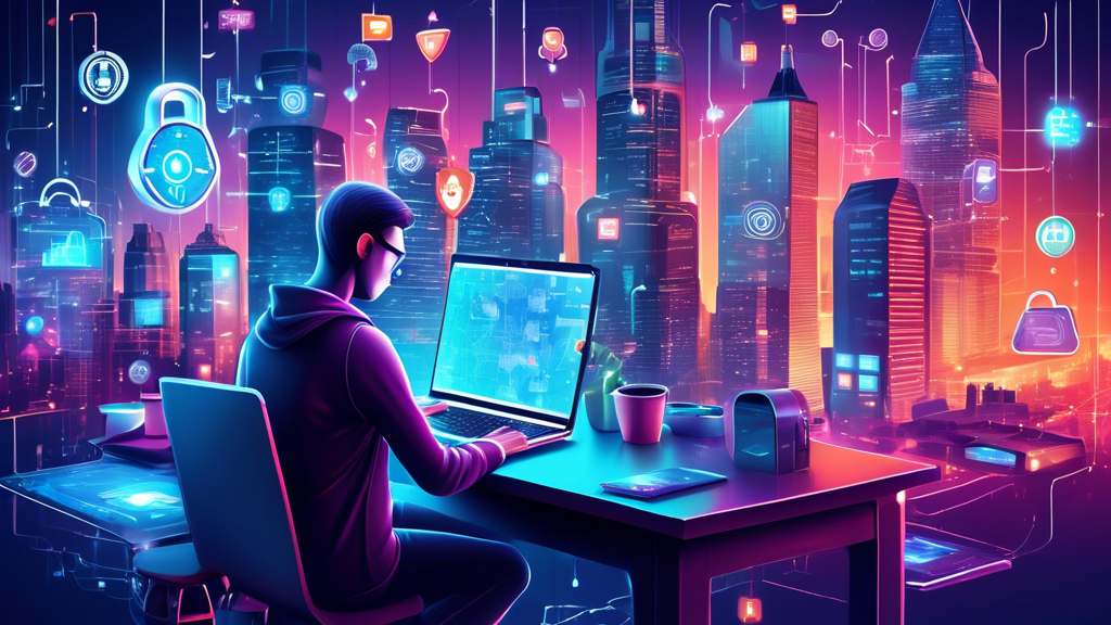 Create a detailed digital illustration of a person using multiple devices (smartphone, laptop, tablet) while surrounded by various cybersecurity elements such as padlocks, shields, encryption icons, and secure networks. The background should include a vibrant cityscape, symbolizing the digital world, while maintaining a sense of security and privacy. Add a spotlight effect on the individual to emphasize their proactive stance in protecting their information online.