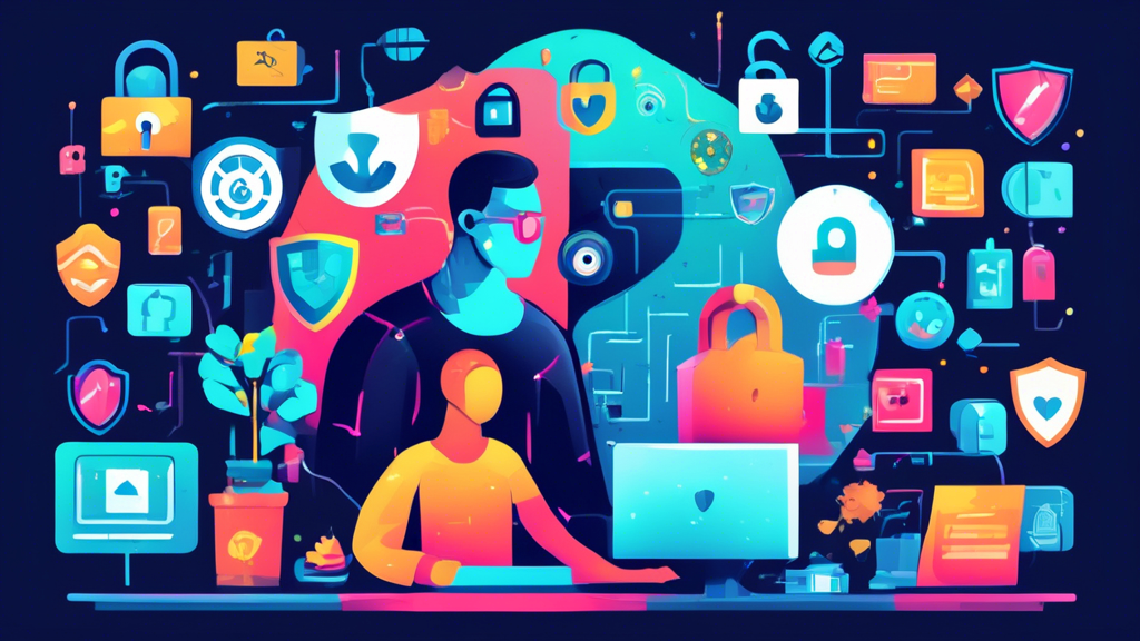 Create an illustration of a person browsing the internet on a computer, surrounded by icons representing privacy and security (such as a padlock, shield, and eye crossed out). The environment should suggest a sense of calm and trustworthiness, with cool, soothing colors and clear, clean design elements.