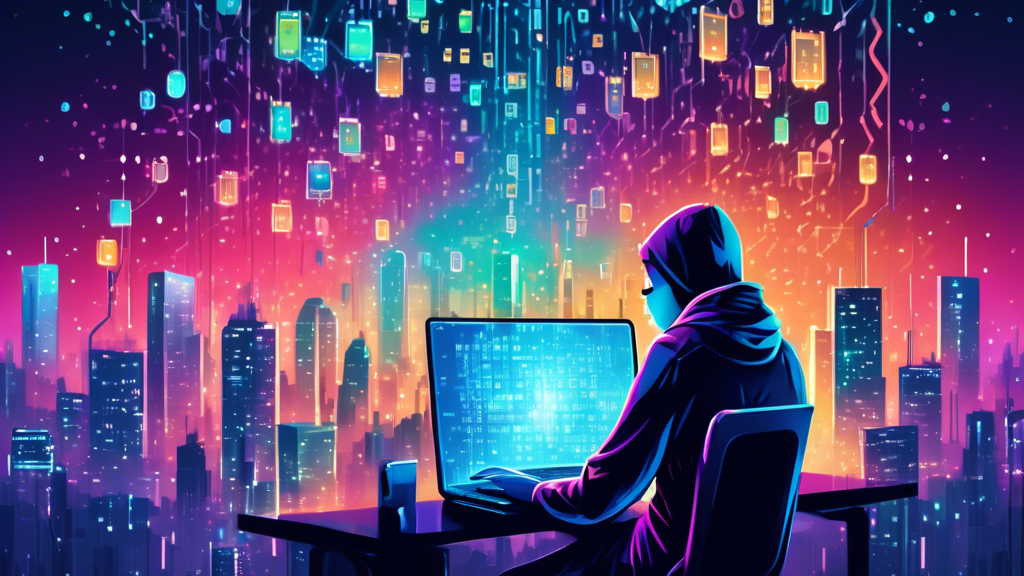 A digital illustration of a person using a laptop, surrounded by virtual shields and padlocks, symbolizing online data privacy. The background depicts a futuristic cityscape with binary code flowing in the sky, representing the digital age. The person looks focused and secure, emphasizing the importance of protecting personal information online.