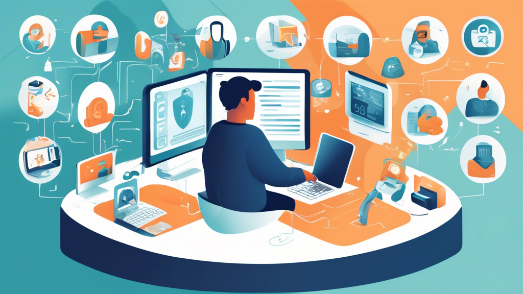 Create a detailed and engaging illustration of a person sitting at a computer in their home, surrounded by various icons representing online private protection measures. Include symbols for VPNs, antivirus software, strong passwords, firewalls, two-factor authentication, and secure cloud storage. Make sure the setting looks comfortable and secure, emphasizing a sense of personal security in the digital world.