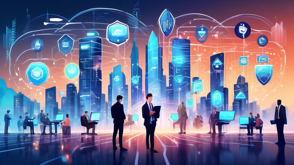 A highly detailed illustration depicting a futuristic cityscape with abstract data streams and codes flowing through the air. In the foreground, there are various shield-like icons labeled Encryption, Two-Factor Authentication, VPN, Secure Cloud Storage, and Firewalls being placed by people in professional attire. The background shows towering buildings representing leading internet privacy companies with their logos subtly integrated into the architecture. The overall atmosphere should be secure and technologically advanced, symbolizing robust data protection strategies.