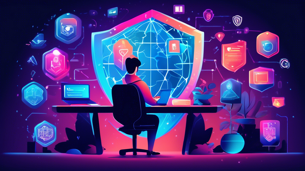 Create a detailed, visually striking illustration of a person sitting at a desk in a cozy room at night, surrounded by holographic digital security icons like shield, lock, and key. The computer screen displays secure websites, while icons for VPN, two-factor authentication, and strong passwords float around. The background should subtly show a globe with interconnected nodes to represent the internet. Convey a sense of vigilance and empowerment.