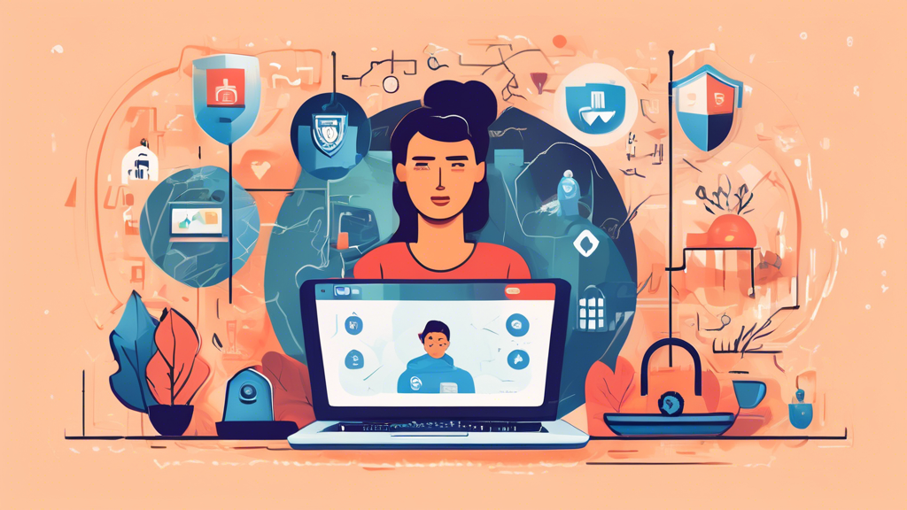 Create a digital artwork depicting a person in a cozy home environment using a computer, surrounded by visible icons and symbols representing various online security measures such as strong passwords, antivirus software, VPN, two-factor authentication, and encrypted connections. Include elements like a padlock, shield, fingerprint, and a safe indicating protection of personal information. Use a friendly and informative style with a clear message of online safety and data protection.