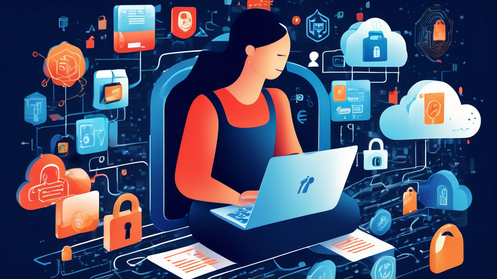 Create a detailed illustration of a person securely using a laptop in a digital environment, surrounded by icons symbolizing data protection tips such as a locked padlock, antivirus shield, fingerprint security, encrypted files, and secure cloud storage. The background should include abstract representations of the internet, like connected nodes and network lines, showcasing a secure and safe online space.