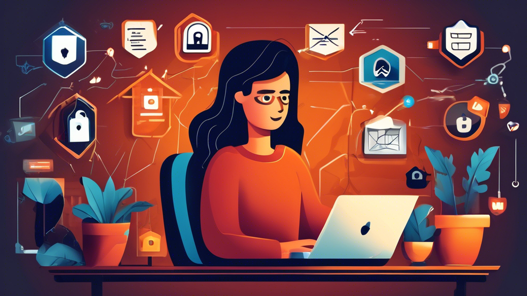 Create a detailed illustration of a person using a laptop in a cozy home office setting, surrounded by icons representing online security measures such as a padlock, shield, and VPN. Include elements like a strong password checklist, two-factor authentication message on the phone, and a secure network symbol. The overall theme should convey safety and protection of personal information online.