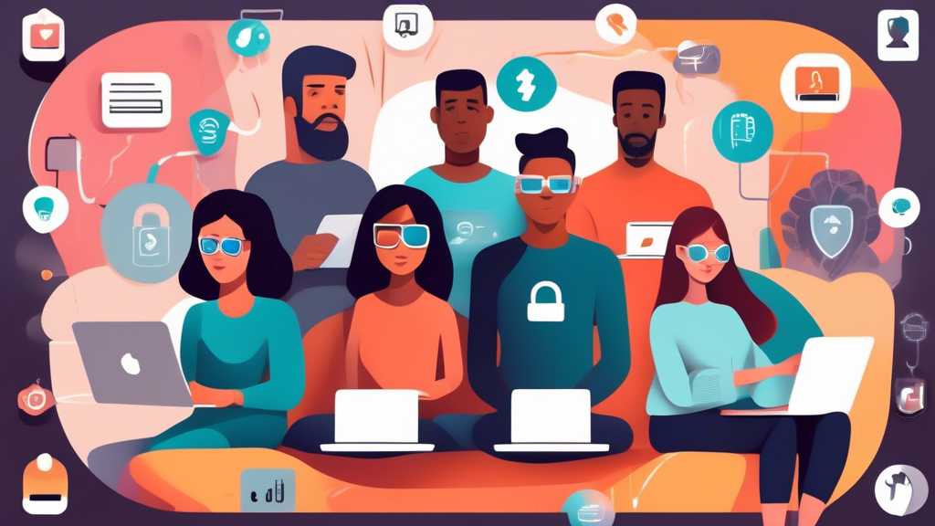 Create an image of a diverse group of people using various digital devices like smartphones, laptops, and tablets in a cozy, modern setting. Each person is practicing different privacy protection techniques, such as using VPNs, updating passwords, enabling two-factor authentication, and covering webcams with stickers. The background features icons and symbols representing online security, like padlocks, shields, and encrypted messages. Make the scene engaging and educational, with a warm and friendly atmosphere.