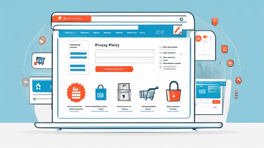 Create an image of a modern e-commerce website interface displaying a 'Privacy Policy' section. The layout should be clean and professional, featuring a comprehensive yet user-friendly document with bullet points and headings on data protection, user consent, and cookie usage. The background should subtly incorporate icons of security shields, shopping carts, and digital privacy symbols.