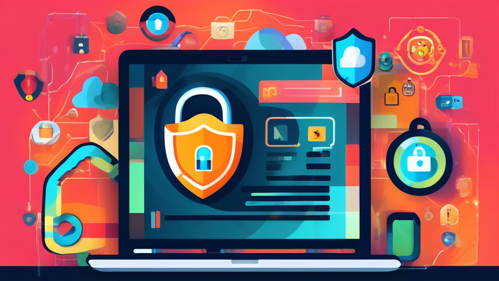 Create an image featuring a sleek, modern laptop displaying a private web browser interface with security icons such as a padlock and shield. The background should include subtle privacy-related elements like a magnifying glass with a line through it, and abstract digital designs suggesting data encryption. The overall theme should convey security, privacy, and advanced technology.