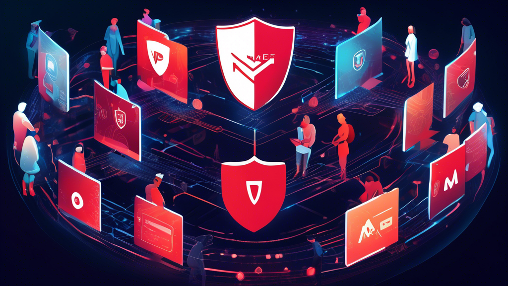 A realistic digital illustration of a diverse group of people connected online, each one surrounded by a shield with the McAfee logo, symbolizing security and privacy. The background features abstract representations of data streams and binary code. Icons and tools such as VPNs, antivirus software, and privacy settings are artfully integrated into the scene, reflecting a futuristic yet welcoming atmosphere. People are shown using various devices like laptops, smartphones, and tablets, exuding confidence and peace of mind. The overall image should have a clean, modern look with vibrant colors to convey safety and technological advancement.