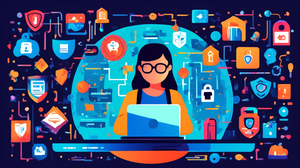 An illustration of a Coursera student using a laptop, surrounded by icons representing data privacy measures such as a padlock, shield, and fingerprint. The background features abstract representations of online courses and digital connectivity, emphasizing the balance between learning and data security.