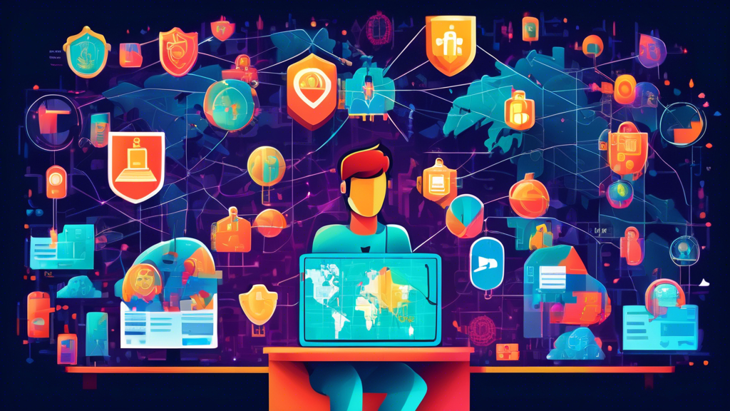 An illustration of a person securely using the internet on multiple devices, surrounded by security icons like locks, shields, and privacy settings. The background features a digital world map with interconnected nodes, symbolizing global connectivity and data protection.