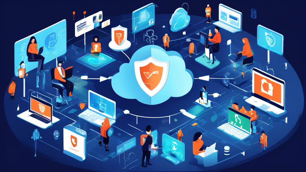 Create an image depicting various essential strategies for data protection online. The scene includes a diverse group of people using computers and mobile devices. Surround them with visual elements like two-factor authentication symbols, encrypted locks, VPN shields, strong password chains, and cloud icons with security arrows. The background shows a digital world with a secure network grid, emphasizing the theme of cybersecurity.