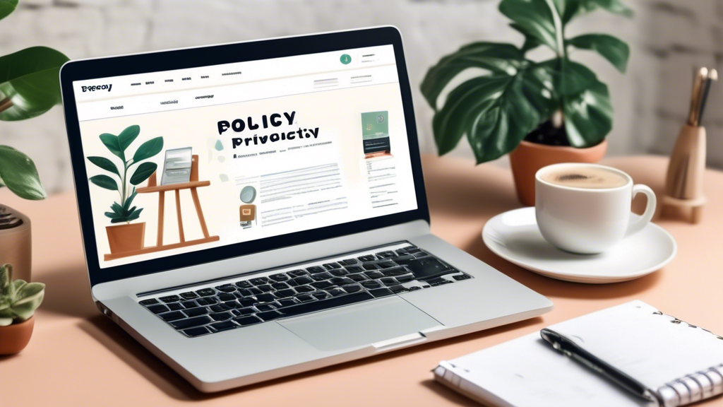 Create an image of a professional workspace with a website open on a laptop displaying a sample online privacy policy. Include elements such as notepads, coffee cups, a plant, and a cozy ambience to suggest a productive environment for setting up a website's privacy policy. The screen should show clear text and icons representing data protection, user privacy, and security.