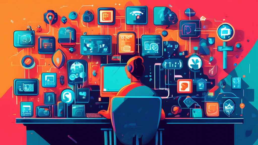 A detailed illustration of a person at their computer surrounded by digital shields, locks, and privacy icons, symbolizing internet personal data protection. The background includes elements like secure passwords, encryption, VPN, and privacy settings, presented in a modern, tech-savvy graphic style.