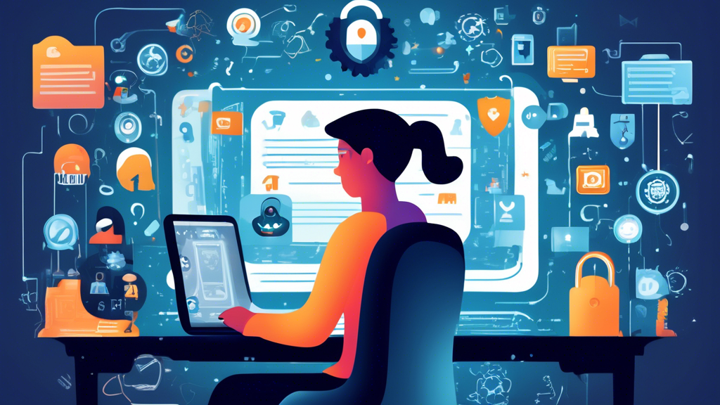 Create a detailed digital illustration showing a person at a computer surrounded by various icons representing online privacy tools and strategies. Include elements such as a padlock, a VPN shield, gears representing settings, a fingerprint, a privacy policy document, and a ghost icon to symbolize incognito browsing. The background should feature a secure digital network with encrypted connections. Make the overall theme modern and tech-savvy, emphasizing protection and security.