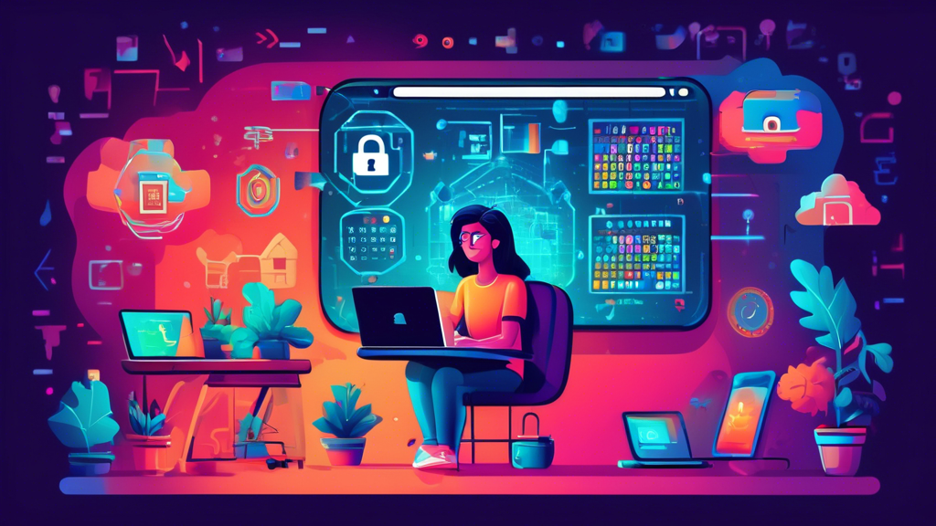 Create a digital illustration showing a person using a laptop in a cozy room, surrounded by digital security symbols such as locks, shields, and encrypted data icons. The screen of the laptop shows a connection to a VPN service. The backdrop includes a calendar displaying the year 2023.