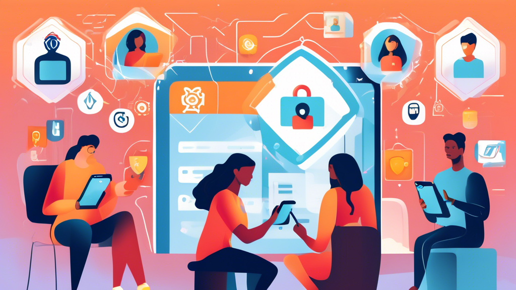 An illustration depicting the benefits of using an online privacy app: A diverse group of people using smartphones and tablets, surrounded by icons representing secure data, encrypted messaging, identity protection, and safe browsing. The background includes a digital shield that symbolizes online security, and a padlock to denote protection. The atmosphere is positive and safe, with a modern, tech-savvy aesthetic.