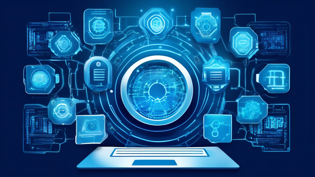 Create an image illustrating a variety of internet privacy software tools, such as VPNs, antivirus programs, and secure browsers, displayed on a high-tech computer screen. The background should feature subtle, futuristic elements like digital locks, encrypted pathways, and cybersecurity shields. Use a color scheme that emphasizes security and trust, incorporating shades of blue and silver.